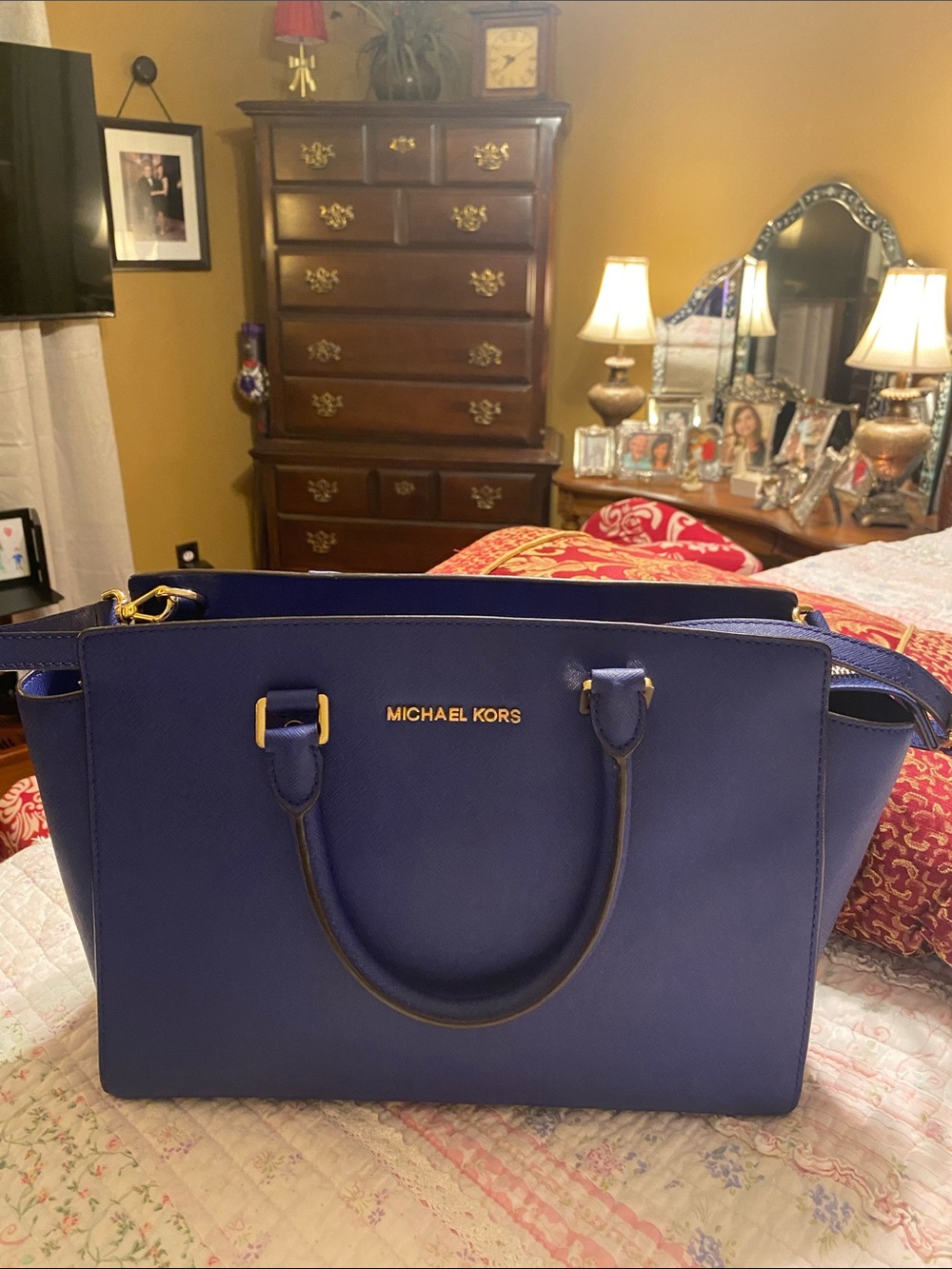 Michael Kors Blue Saffiano Leather Tote with Gold Hardware